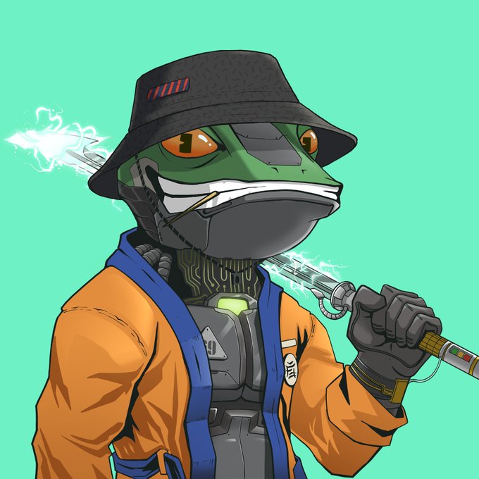 A digital illustration of a cyberpunk frog character wearing a black bucket hat, face mask, and orange jacket while holding a smoking device against a turquoise background.