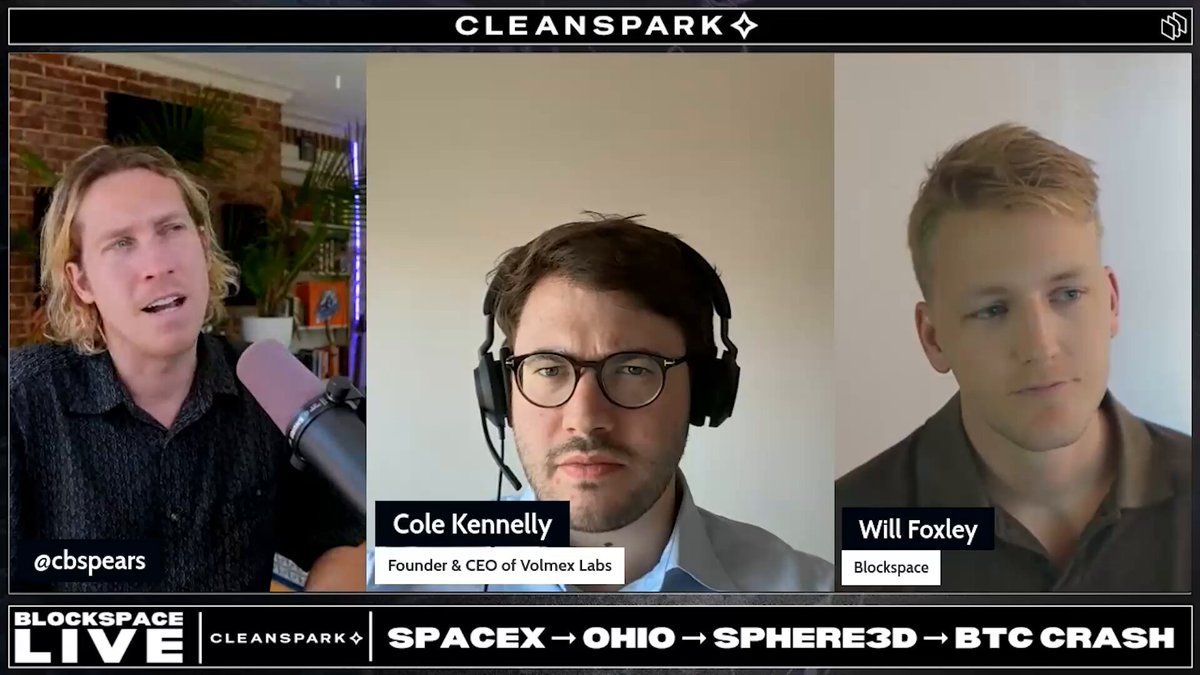 The image shows a panel discussion with three men wearing headphones and microphones, likely participating as hosts or guests for a podcast. The background of the image features a white wall with a brick pattern. The text on the image reads "CLEANSPARKET + Spacex - Ohio + sphere3d - BTC crash", which seems to be related to the discussion taking place in the image.