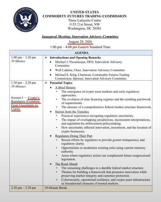 Agenda for the United States Commodity Futures Trading Commission Inaugural Meeting of the Innovation Advisory Committee on August 20, 2026, with Session I titled 'Crypto's Regulatory Evolution: From Uncertainty to Clarity' highlighted in red, covering topics from crypto history to market structure.