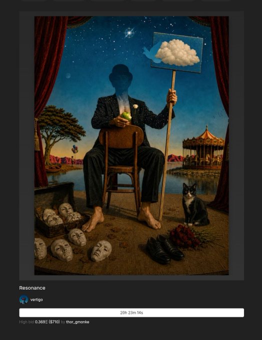 A surrealist artwork titled 'Resonance' by 'vertigo', showing a faceless figure in a suit holding a green apple and a sign with a cloud, set against a starry night sky with theatrical curtains and a tuxedo cat.
