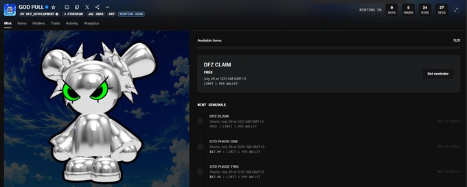 The image shows the GOD PULL NFT minting page displaying a silver, ghost-like creature with green eyes against a sky background, alongside mint details for "DFZ CLAIM" listed Free, with a mint schedule showing phases like "GTO PHASE ONE" at 0.016 ETH and "GTO PHASE TWO" at 0.013 ETH. The screenshot corresponds to the post's discussion of the 11k supply God Pull mint, highlighting the projected mint price and the creator's lukewarm reaction to the art style.