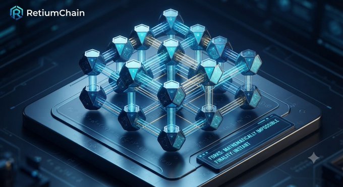 A futuristic 3D rendering by RetiumChain showing a crystalline, diamond-shaped blockchain structure with glowing blue nodes and connecting beams, accompanied by the text 'FORGED MATHEMATICALLY. IMMUTABLE. FINALITY. INSTANT.'
