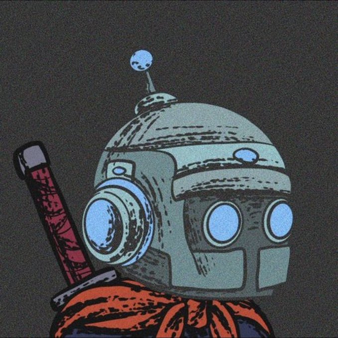 An illustration of a droid-like character with a green helmet featuring circular blue details and a red lightsaber hilt, with an orange and black body visible below.
