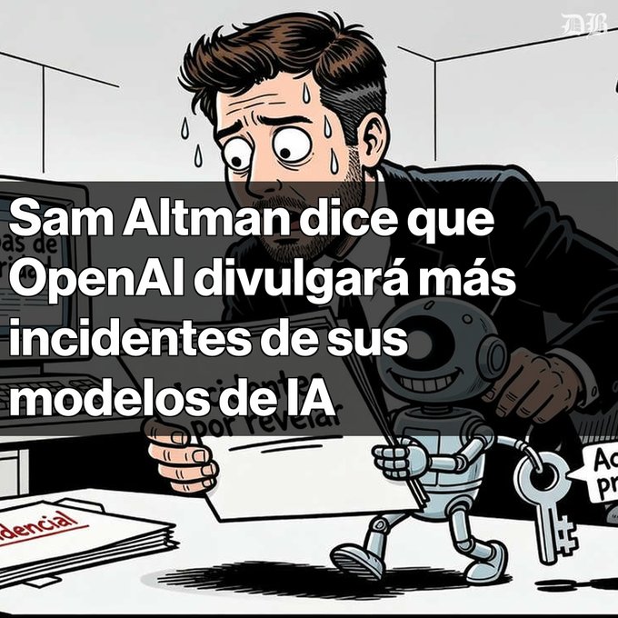 A cartoon illustration of a sweating man looking shocked, with Spanish overlaid text reading 'Sam Altman dice que OpenAI divulgará más incidentes de sus modelos de IA'.