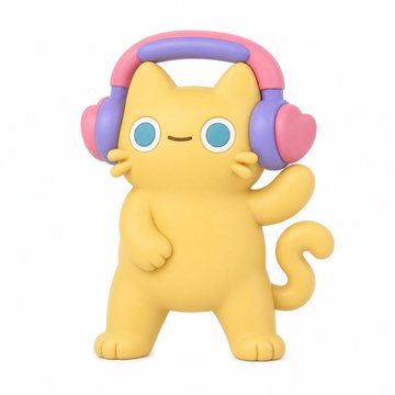 A 3D illustration of a cute, smiling yellow cat character wearing pink and purple over-ear headphones, standing with one paw raised.