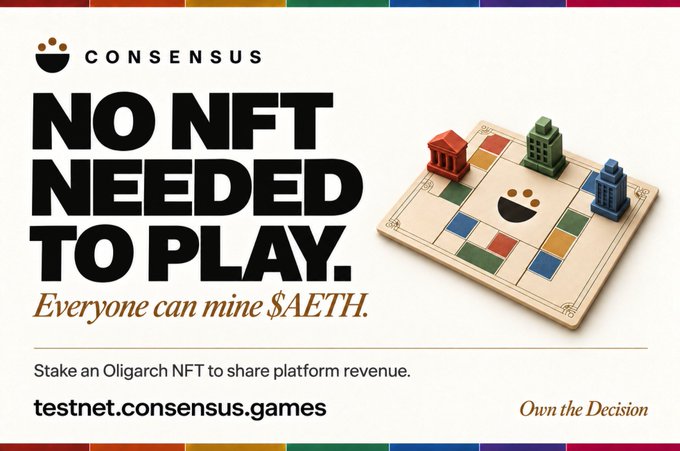 A promotional graphic for Consensus Games displays the bold headline "NO NFT NEEDED TO PLAY," noting that "Everyone can mine $AETH" at testnet.consensus.games, alongside an image of a board game featuring colorful building pieces. The post explains that while no NFT is required to play and mine $AETH, the 777 Oligarch NFTs grant holders a share of platform revenue through staking.