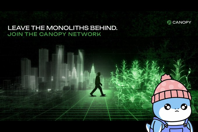 The image features a cartoon cat wearing a pink hat standing next to a city skyline, with text that reads "Leaving the monolithths behind. Join the canopy network." The cat appears to be walking away from the city towards the forested area in front of it.