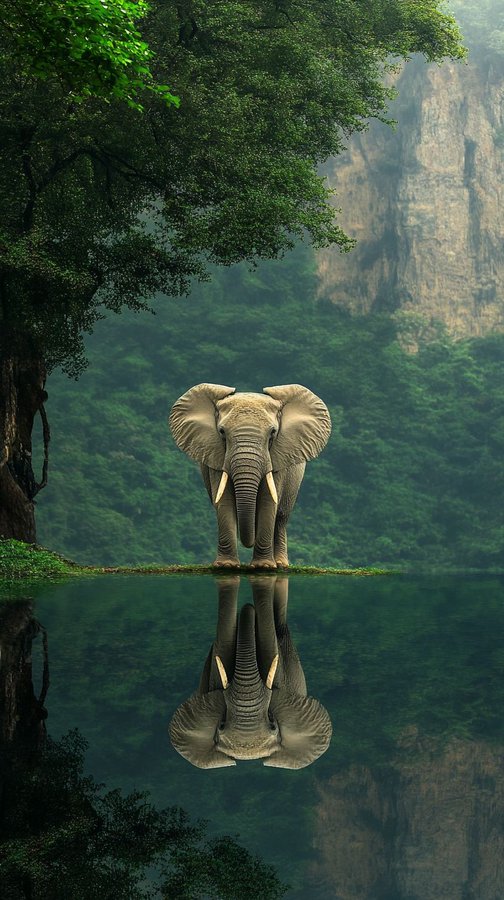 The image features an elephant standing in front of water, with its reflection visible in the water. The background consists of trees and a mountain range, creating a serene natural setting. The caption for this image reads "This is what building looks like. No hype, just shipping code. The ability to mint native satUSD on ANY chain from a single collateral deposit using @RiverdotIncs Omni-CDP is a game-changer for capital efficiency".