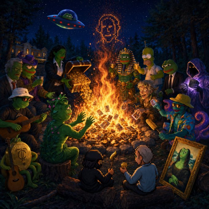 A whimsical nighttime scene depicts various characters—including a green-faced Mona Lisa, Homer Simpson, a UFO, and a pyramid-headed figure—gathered around a blazing campfire that burns treasure and money, with a pixelated Bitcoin logo glowing in the starry sky above.

The fiery campfire fueled by gold and cash visually represents the "dope" burning enthusiasm around Counterparty's first 4MB Bitcoin inscription at the linked address, symbolizing the fiery excitement and value generated by the milestone.