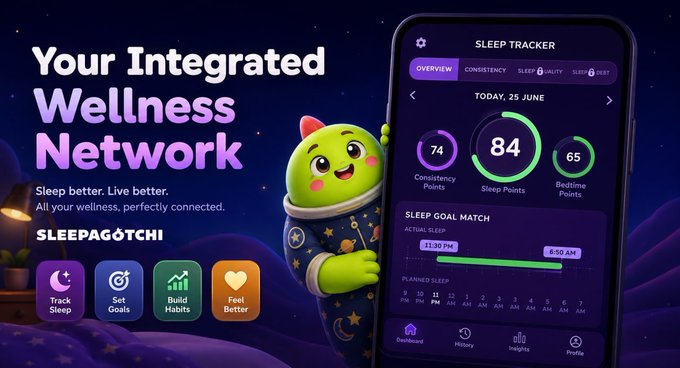 A digital promotional image titled 'SLEEPAGŌTCHI' advertising an 'Integrated Wellness Network' featuring a green cat-like mascot in pajamas beside a smartphone sleep tracker app displaying '84 Sleep Points', '74 Consistency Points', and '65 Bedtime Points'.