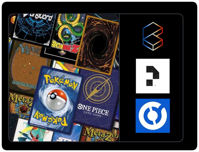 The image displays a tablet showing various trading card game backs (including Pokémon, One Piece, Yu-Gi-Oh!, and MetaZoo) alongside three logos representing onchain TCG platforms, visually supporting the post's discussion of Jupiter Gacha's new distribution integration with Collector Crypt for trading card communities.