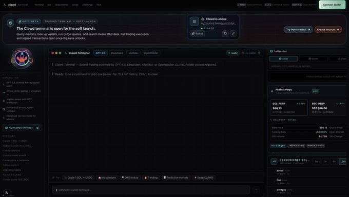 The image shows a computer screen displaying a terminal window with various tabs open, including a Twitter page that says "@perps terminal probably go live for $clawd holders tomorrow. Complete @imperialPerps routing Now with @deepseek_ai & @MiniMax_AI M3. Test the free version today! SolanaClawd.com/terminal X402.wtf/terminal/free". The post is about a new trading platform called "@perps terminal", which seems to be related to Bitcoin trading, and it has been shared on Twitter by @imperialPerps.