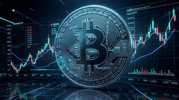 A digital 3D rendering of a large silver Bitcoin coin floats in front of candlestick trading charts and financial data displays in red and green.