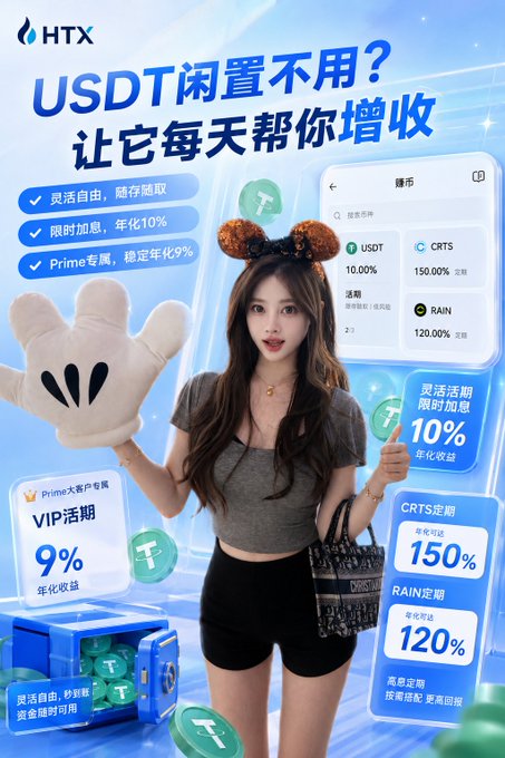 The image is an HTX promotional advertisement featuring a young woman wearing Mickey Mouse ears, with text highlighting USDT wealth management products offering up to 10% annualized returns, Prime VIP tier at 9%, CRTS fixed term at 150%, and RAIN fixed term at 120%. The caption aligns with the post's message promoting HTX's wealth management zone as a stable, low-risk alternative to trading contracts, encouraging viewers to let idle USDT generate daily passive income.