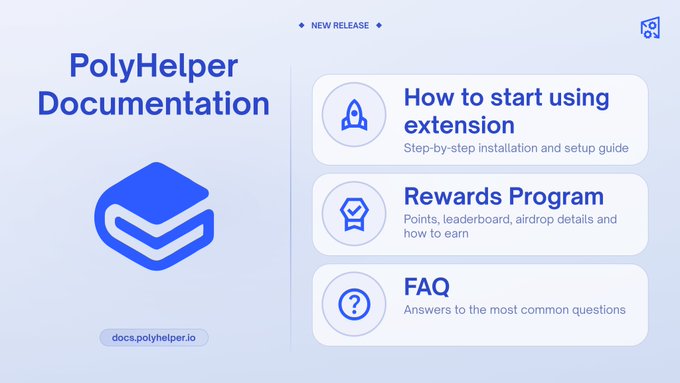 A PolyHelper Documentation landing page with a blue logo, featuring sections for 'How to start using extension', 'Rewards Program', and 'FAQ' at docs.polyhelper.io.