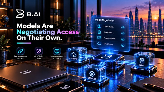 A promotional graphic for 'B.AI Trust' with the headline 'Models Are Negotiating Access On Their Own.', featuring features like 'Permissionless Access', 'On-Chain Trust', and 'Autonomous Economy' alongside futuristic neon-lit city imagery.