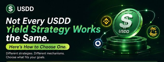 A promotional graphic for USDD cryptocurrency features the headline "Not Every USDD Yield Strategy Works the Same. Here's How to Choose One." with the subtitle "Different strategies. Different mechanisms. Choose what fits your goals," alongside a glowing 3D USDD coin surrounded by connected logos (including Binance and Tron) representing various yield platforms.