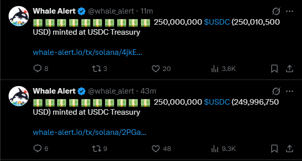 The image shows a Twitter post from Whale Alert, a social media platform for marine enthusiasts, that is accompanied by two tweets. The posts are posted against an identical background with black text. One of the posts reads "$500M USDC minted", while the other says "Whale alert #22m" and "@whalelife". The post has been shared by a user who has tagged @usdc in one message, and another user who is not tagged but is listed as an account.
