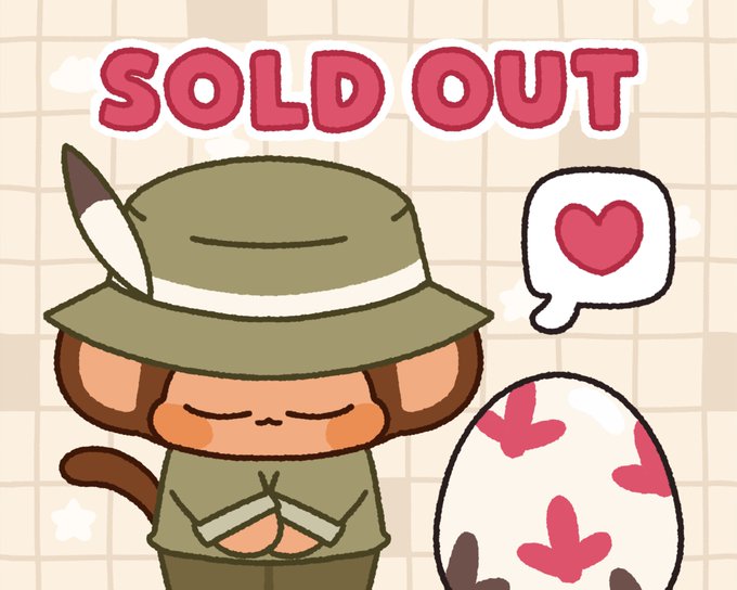 A cute cartoon monkey character wearing a green safari outfit and hat stands next to an egg covered in pink hearts, with a 'SOLD OUT' banner at the top.