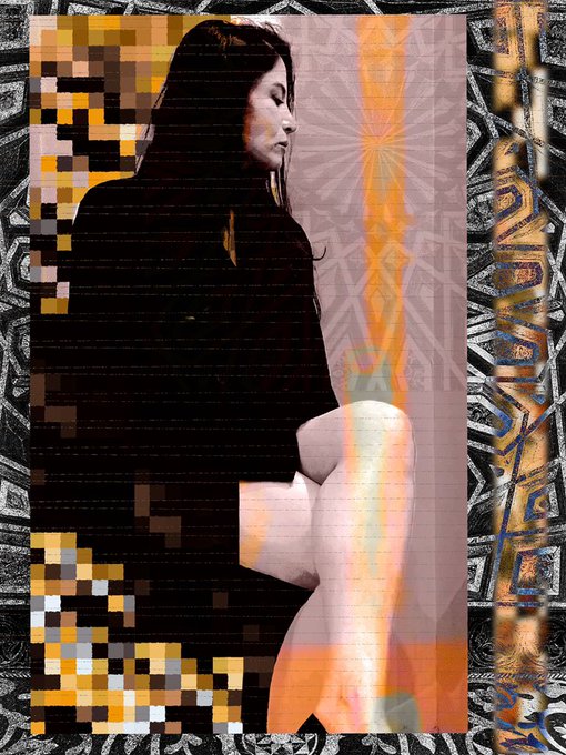 A glitched/pixelated artistic image showing a woman in dark clothing in a stylized orange and black composition with geometric patterns along the edges.