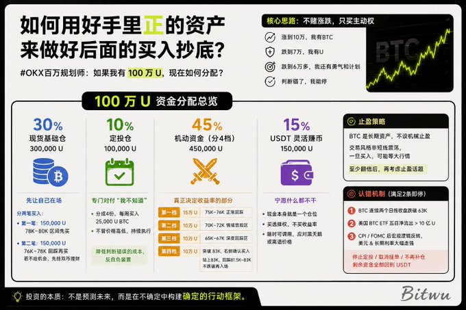 The image is an investment allocation strategy chart titled "如何用好手里正的资产，来做好后面的买入抄底?" showing how to divide 1,000,000 U into four categories: 30% (300,000 U) for spot Bitcoin accumulation, 10% (100,000 U) for regular investments, 45% (450,000 U) for mobile funds across four tiers, and 15% (150,000 U) for USDe flexible market trading.

The chart supports the post's discussion about being a "#OKX百万规划师" by providing a detailed framework for allocating 100万 (1 million U), emphasizing stop-loss strategies for BTC (not panic selling during long positions) and a "buying mechanism" with two parts: BTC pullback buying at 63K and USDe ETF net subscription exceeding 10 billion U.