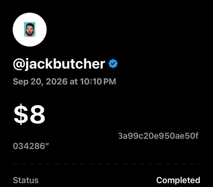A tweet from verified user @jackbutcher dated Sep 20, 2026, showing a completed transaction receipt for $8 (transaction ID ending in 034286), supporting his post about sending $8 to hype up a wave with shoutouts to @itsdizcorvus and @tictacmagic_.