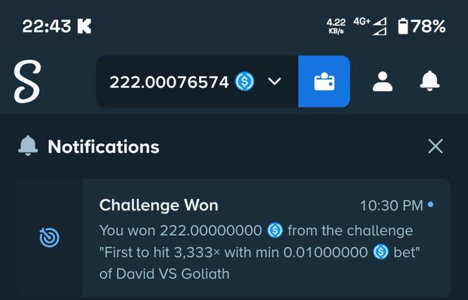 A screenshot from Stake showing a "Challenge Won" notification at 10:30 PM, confirming a 222.000000000 USDC prize from the "First to hit 3,333× with min 0.01000000 bet" David VS Goliath challenge, complementing the post celebrating the 3522× multiplier win and tipping KishtaLabs.
