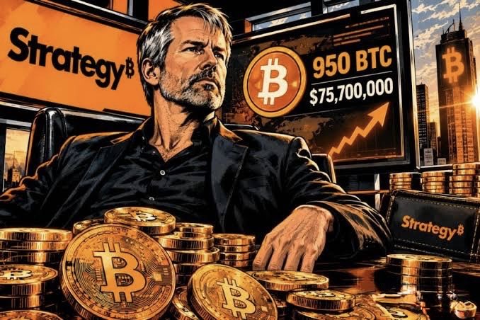 AI-generated artwork depicting a man surrounded by stacks of gold Bitcoin coins, with a 'Strategy' logo and a screen displaying '950 BTC' and '$75,700,000'.