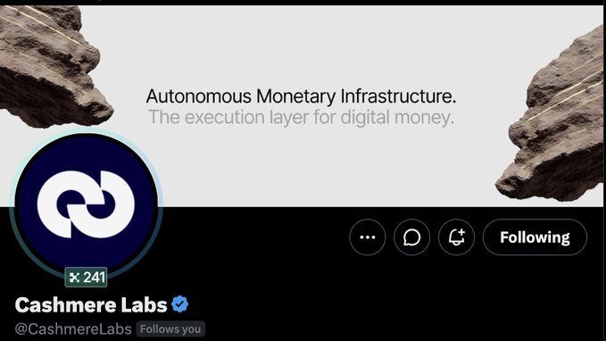 The X/Twitter profile page for @CashmereLabs, displaying their banner "Autonomous Monetary Infrastructure. The execution layer for digital money," a verified blue checkmark, 241 followers, and a "Following" button. The image supports the post by showcasing the verified Cashmere Labs account whose follow is being celebrated.