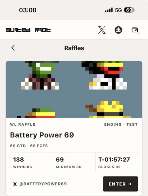 A mobile screenshot of the 'SUI2ED FROG' platform showing a raffle page for 'Battery Power 69' with 138 winners, 69 minimum SR, and entry option.