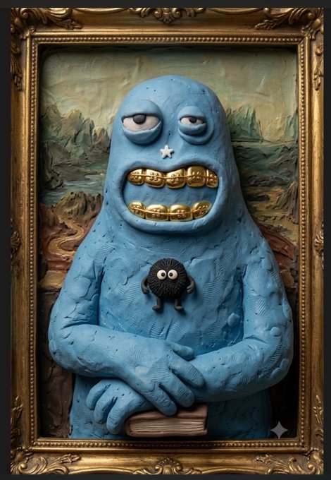 A blue, clay-like monster with golden grills holds a small black fuzzy creature against a painted landscape, framed in an ornate gold border. The whimsical artwork fits the post's giveaway for "t00ns art" by serving as a playful, internet-style NFT promotion piece.