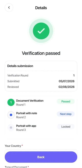 A mobile screenshot showing a successful KYC verification screen with "Verification passed" confirmed on 02/08/2026, displaying three rounds: Document Verification (Round 1 Passed), Portrait with note (Round 2 Next step), and Portrait with app (Round 3 Locked), visually supporting the post's claim that KYC verification is being rolled out to Linkers.