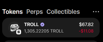 A cryptocurrency wallet interface showing a holding of 1,305.22205 TROLL tokens valued at $67.82, down $11.08. The image illustrates the $TROLL token holdings mentioned in the post, likely acquired alongside the Troll_ NFT purchase on Ethereum.