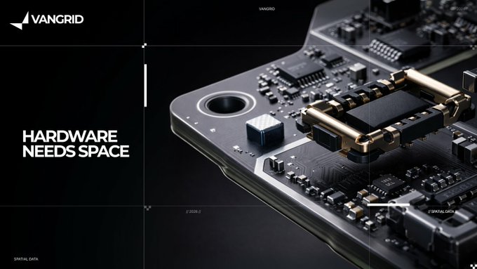 A dark advertisement for 'VANGRID' featuring the text 'HARDWARE NEEDS SPACE' alongside a close-up image of a computer motherboard with a processor.