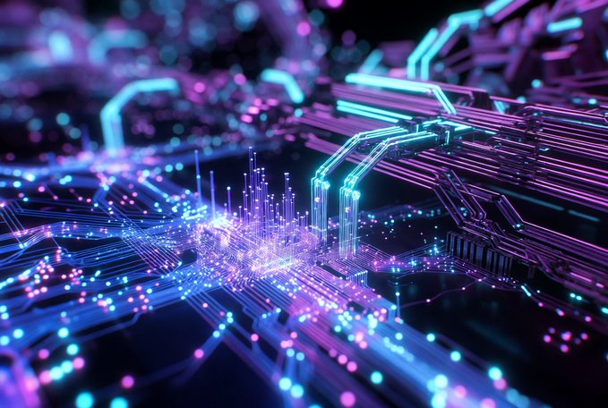 A vibrant digital abstract background depicting a glowing blue and pink circuit board with intricate pathways and data nodes.