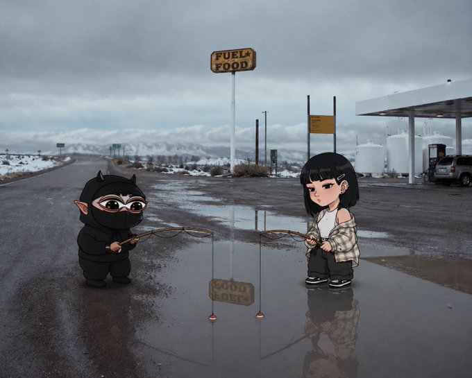 Two anime characters fish in a puddle reflecting a "FUEL & FOOD" sign at a desolate snowy gas station, mirroring the meme of crypto investors holding out hope for a recovery—casting lines in barren conditions and pretending they're patient long-term holders, much like the poster jokingly vows to take profits while knowing they won't.