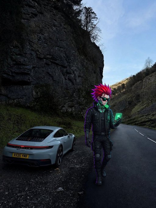 A 3D-rendered character with pink hair, sunglasses, and tactical gear walks beside a silver Porsche (license 'RX25 YWR') on a mountain road while looking at a green phone.