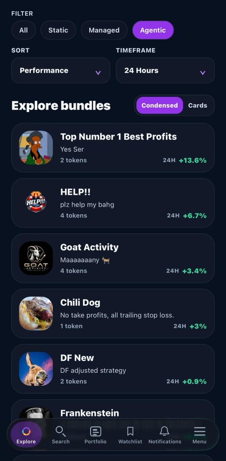 A mobile app interface shows the 'Explore bundles' section with Agentic filter selected, displaying various investment bundles including 'Top Number 1 Best Profits' (+13.6%), 'HELP!!' (+6.7%), 'Goat Activity' (+3.4%), 'Chili Dog' (+3%), and 'DF New' (+0.9%) over 24 hours.