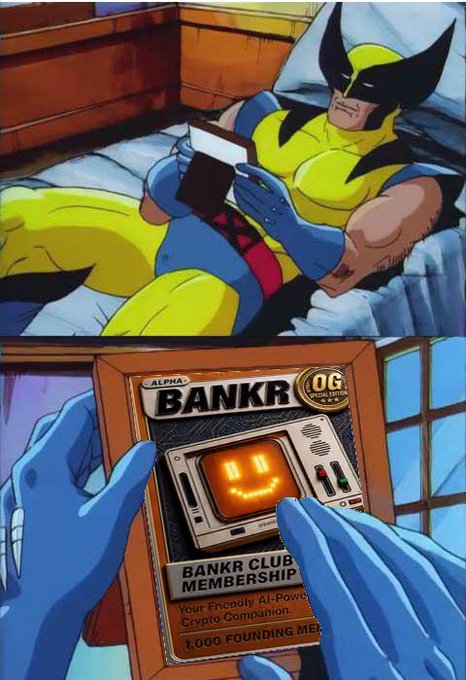 A comic-style image shows Wolverine in his yellow and blue costume lying in bed reading a book titled 'BANKR CLUB MEMBERSHIP' with a robot face on the cover, advertising a 'Friendly AI-Powered Crypto Companion' for a '1,000 FOUNDING ME[MBERS]'.