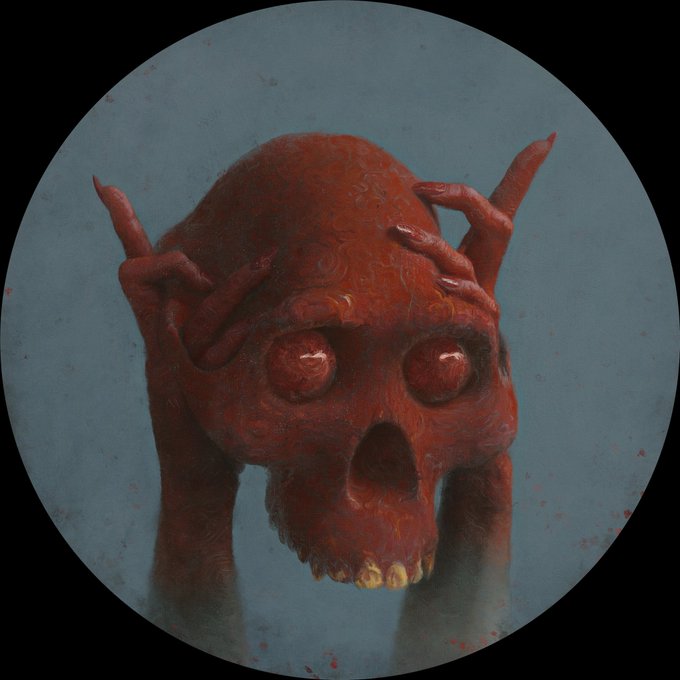 The image features a skull with red eyes, painted in an artistic style that gives it a creepy appearance. It's depicted as if it has its hands over its face, creating a sense of unease or discomfort. The skull appears to be made out of clay and is placed on a blue background. The post about the skull reads: "Wow. A skull sold for 182 ETH. Incredible." This suggests that the skull might have been created by an artist who was able to sell it for a significant amount of money, making it an interesting and valuable piece of art.