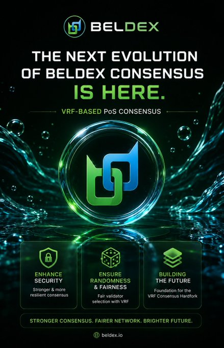 A promotional graphic for BELDEX announcing 'THE NEXT EVOLUTION OF BELDEX CONSENSUS IS HERE' featuring 'VRF-BASED PoS CONSENSUS' with icons for 'ENHANCE SECURITY', 'ENSURE RANDOMNESS & FAIRNESS', and 'BUILDING THE FUTURE' at beldex.io.
