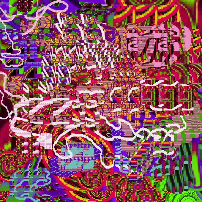 An abstract, glitch-art style image with vibrant pink, purple, green, and yellow colors overlaid with chaotic white squiggly lines.