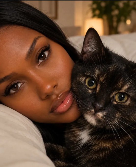 A close-up portrait of a young woman with dark hair and glossy lips resting her face next to a tortoiseshell cat with large yellow-green eyes against a softly lit background.