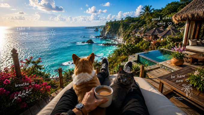 The image shows a first-person perspective of someone relaxing on a beachfront lounger, holding a coffee mug while an orange cat and a gray cat rest on their lap, overlooking a stunning turquoise ocean with cliffside thatched-roof villas. Decorative handwritten text overlays read "take it easy," "good vibes only," "breathe," and "be here now." The serene, peaceful scene with its cozy companion animals creates a relaxing contrast to the accompanying post about quantum computing and DeFi developments from @quipnetwork.