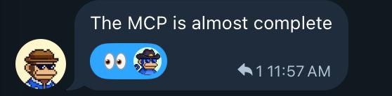 A pixel art message bubble reading "The MCP is almost complete" with two monkey emojis, sent at 11:57 AM, visually teasing the upcoming launch of the SP3ND MCP (Multi-Chain Protocol) referenced in the post.