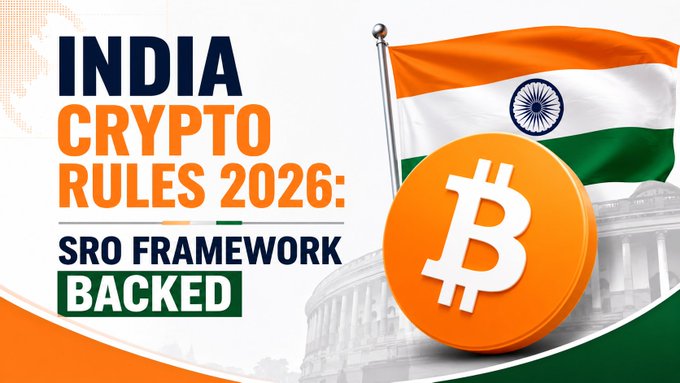 This image, announcing "INDIA CRYPTO RULES 2026: SRO FRAMEWORK BACKED," visually represents the upcoming regulatory changes in India's virtual digital asset market with the Indian flag and a Bitcoin symbol.