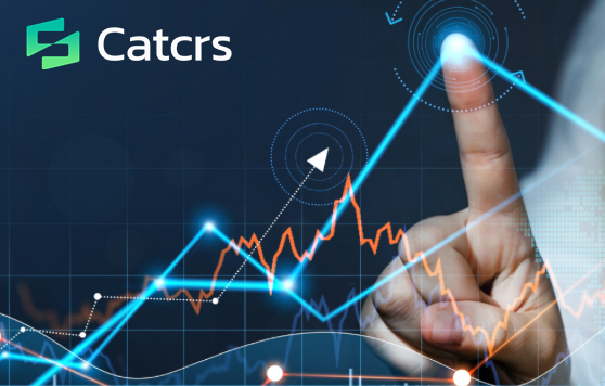 A hand touches a glowing data point on a holographic line chart with rising orange and blue trend lines, while the "Catcrs" logo appears in the top-left corner. The image visually reinforces the post's theme of transaction confirmation and market trends, symbolizing the analytical and forward-looking nature of Catcrs' insights into crypto trading experiences.