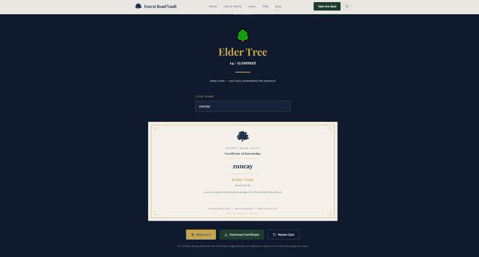 A Forest Bond Vault webpage on Soneium shows an 'Elder Tree' asset with 14/14 current status, featuring a Certificate of Ownership for the username 'zunqay'.