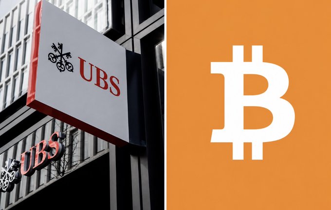 A split image shows a UBS bank sign on the left and an orange Bitcoin logo on the right, illustrating UBS's increased Bitcoin ETF holdings. The composite image visually represents the breaking news that the $7 trillion UBS has expanded its cryptocurrency investment exposure by 230% to reach $90 million.