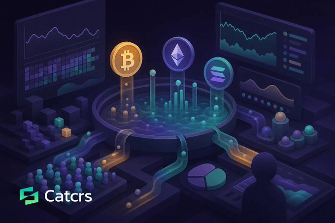 The image features an illustration of a futuristic cityscape filled with various technological elements such as computers, monitors, and other digital devices. The scene takes place at night, with the city illuminated by artificial lights that create a vibrant atmosphere. In this city, there are three distinct symbols representing Bitcoin, Etherium, and Solana, which are all floating in the air above a large pool of water. A person can be seen standing near the center of the image, observing the scene below. The text "Catcrs" is written at the bottom of the image, indicating that this illustration is related to the Catcrs exchange or cryptocurrency market.